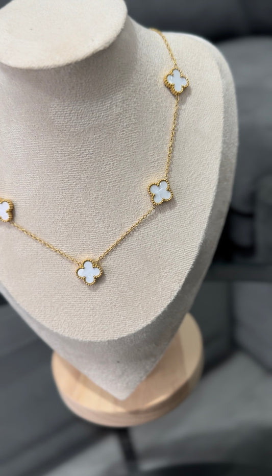 White pearl and gold 5 motif Clover Necklace